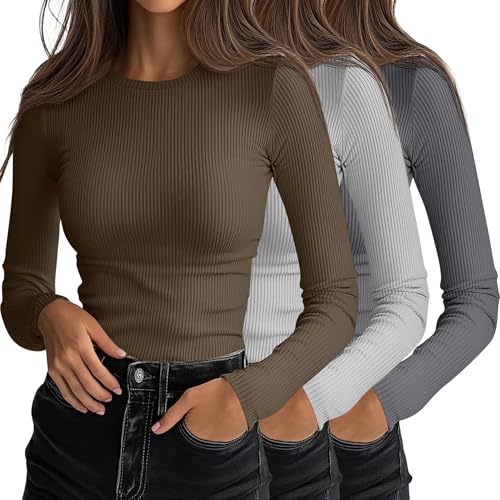 Ficerd 3 Pack Womens Ribbed Long Sleeve Tops Crew Neck Slim Fit Knit Undershirts Basic Casual Stretch Layering Tee ShirtsGray Mocha Light GraySmall - Image 1