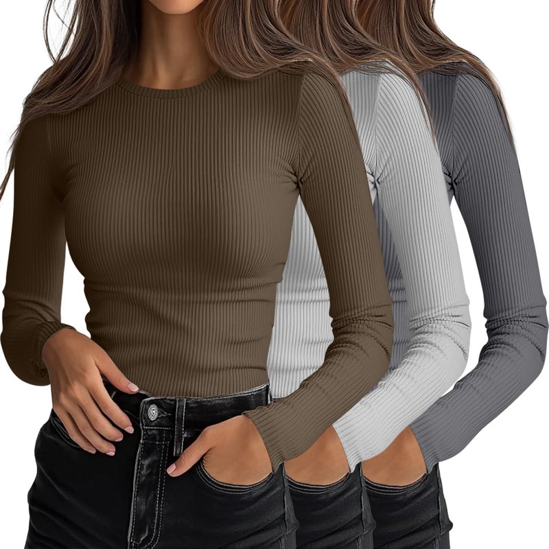 Ficerd 3 Pack Womens Ribbed Long Sleeve Tops Crew Neck Slim Fit Knit Undershirts Basic Casual Stretch Layering Tee ShirtsGray Mocha Light GraySmall - Image 2