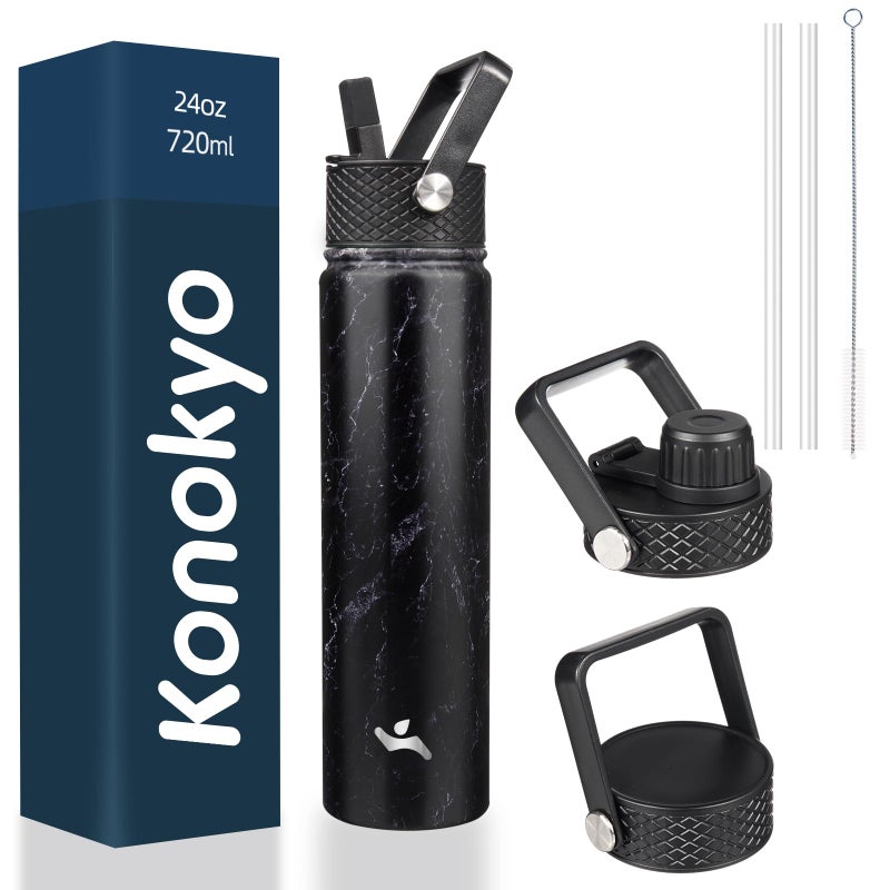 Konokyo Insulated Water Bottle 24oz Stainless Steel Sport Bottles with 3 LidsMarble Midnight