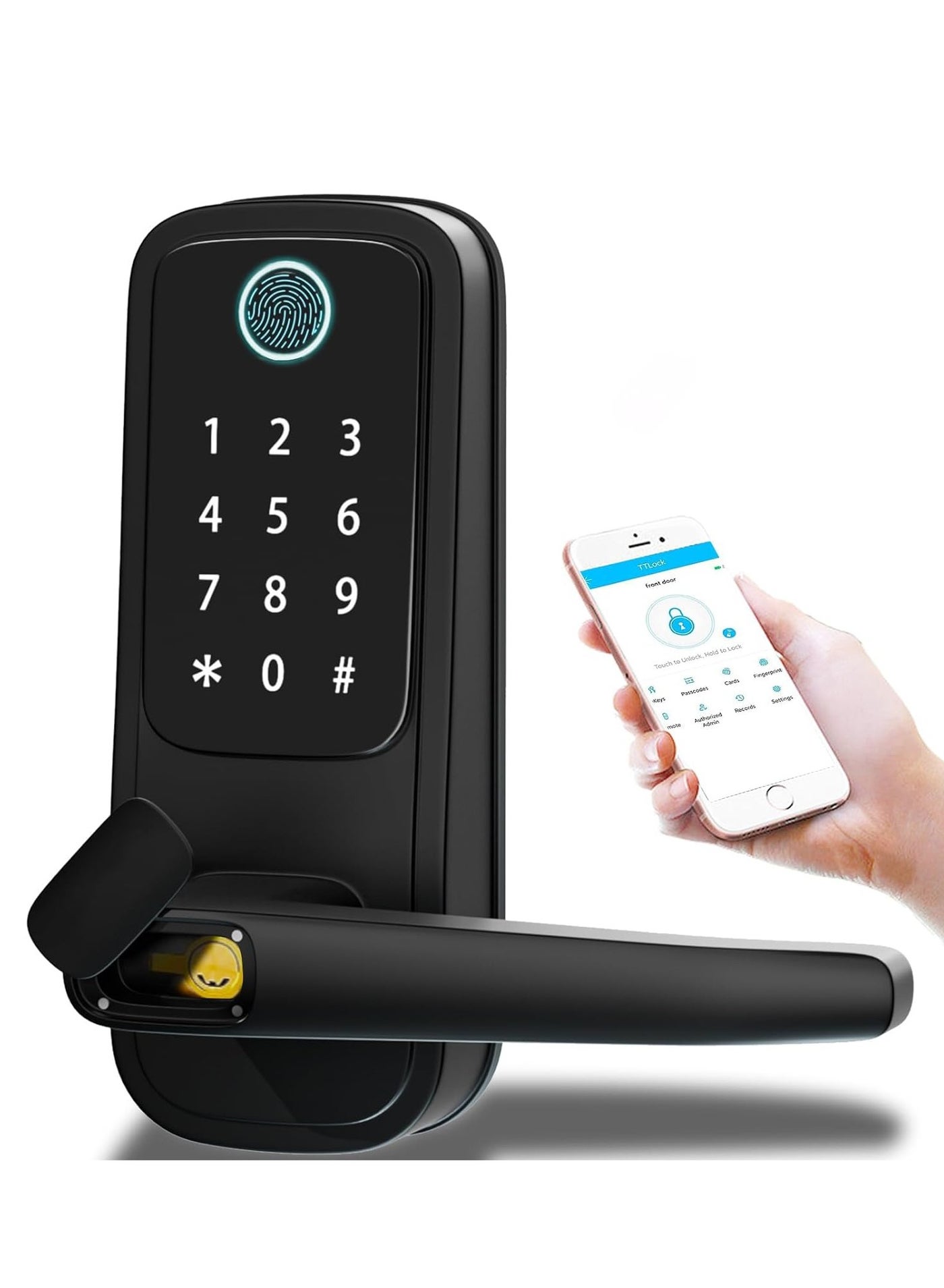 Smart Door Lock,5-in-1 Keyless Entry Door Lock with Handle,Keypad Door Lock Support WiFi APP Control,Biometric Fingerprint Door Lock Digital Electronic Door Lock for Front Door Hotel Office Home