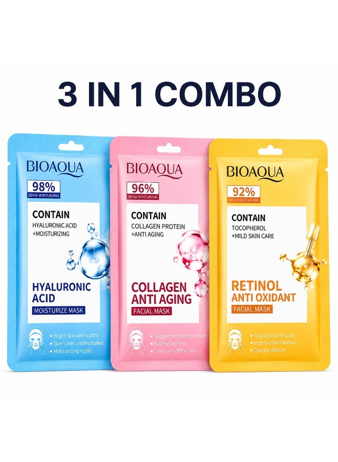BIOAQUA 3-in-1 Facial Sheet Mask Combo, Hyaluronic Acid + Collagen + Retinol, Hydrating Firming Brightening Set | Daily Skincare All Skin Types | Pack of 3 | 25g Each - Image 1