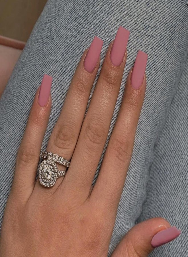 KXAMELIE Matte Pink Press on Nails Long Square, KXAMELIE Medium Coffin Nails Press ons Long Glue on Nails Natural Thick Fake Long Nails Acrylic Nails Reusable 24 Fake Nails Solid Color False Nails for Women - Image 1