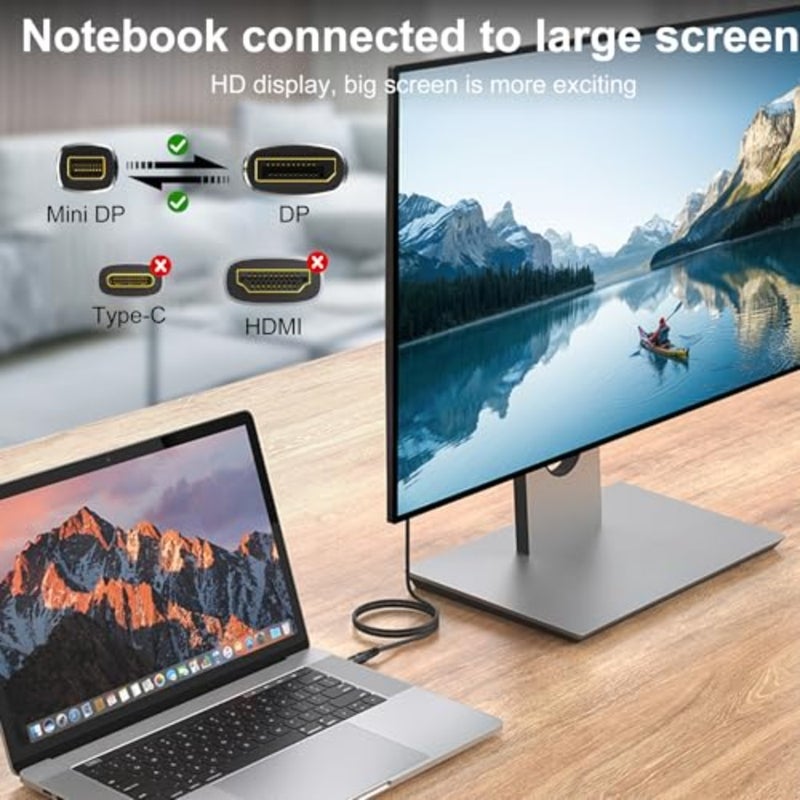 كابل Mini DP إلى DisplayPort 2.1 16K لشاشات سطح المكتب، سبيكة نحاسية مع غمد أسود، يدعم النقل ثنائي الاتجاه 8K@120 هرتز و4K@240 هرتز - Image 3