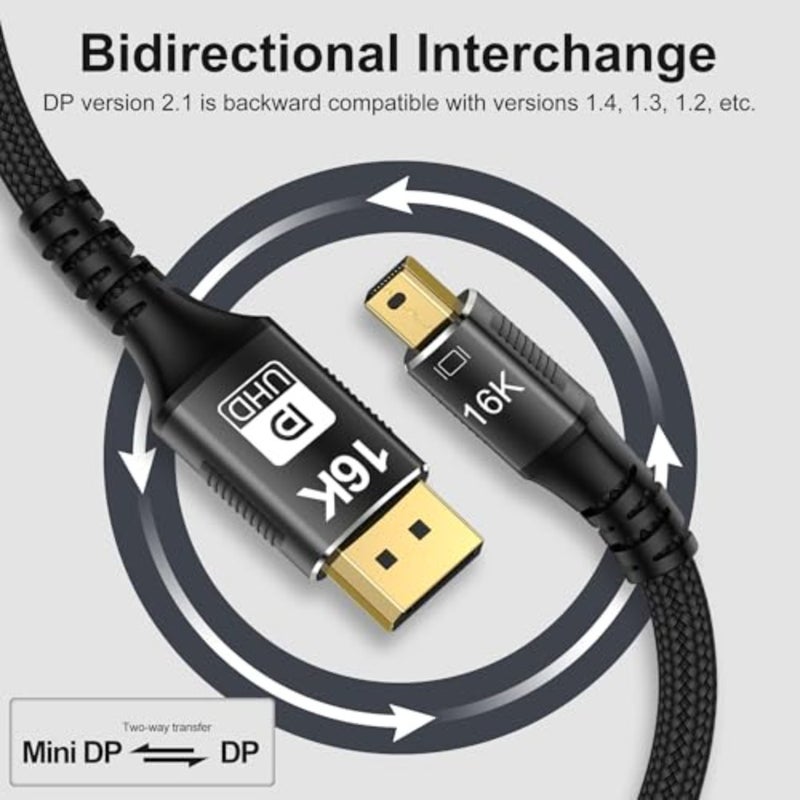 كابل Mini DP إلى DisplayPort 2.1 16K لشاشات سطح المكتب، سبيكة نحاسية مع غمد أسود، يدعم النقل ثنائي الاتجاه 8K@120 هرتز و4K@240 هرتز - Image 4