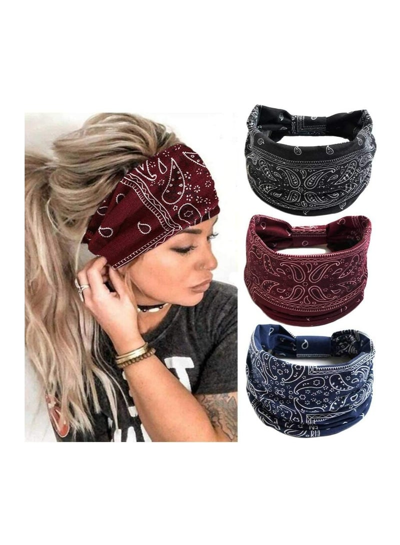 FengSVMA 3 Pcs Headbands for Women,Wide Headband Boho Floral Print Knot Elastic Head Band Running Yoga Head Wrap Hairbands - Image 1