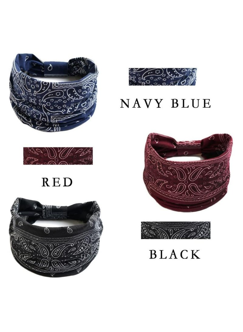 FengSVMA 3 Pcs Headbands for Women,Wide Headband Boho Floral Print Knot Elastic Head Band Running Yoga Head Wrap Hairbands - Image 2