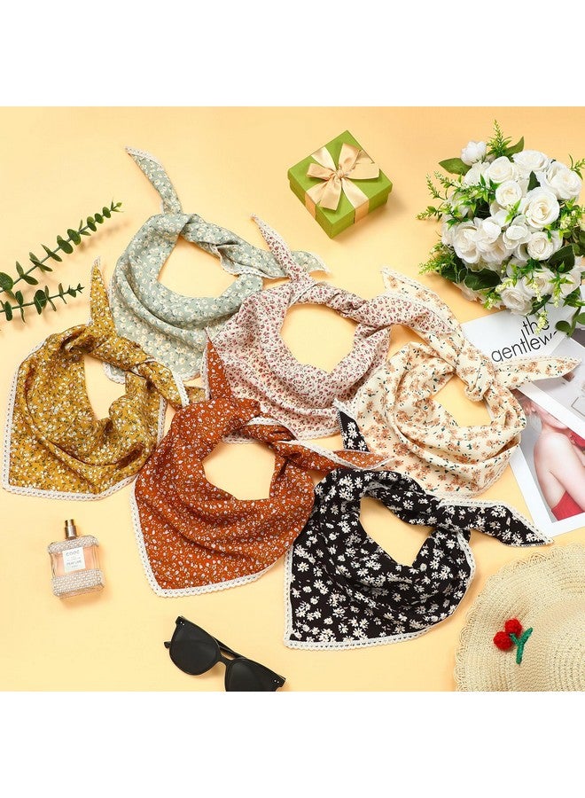 Dingion 6 Pcs Floral Hair Bandanas Head Kerchief Women Bandana Print Chiffon Hair Scarf Triangle Head Kerchief with Ties(Vintage Color) - Image 2