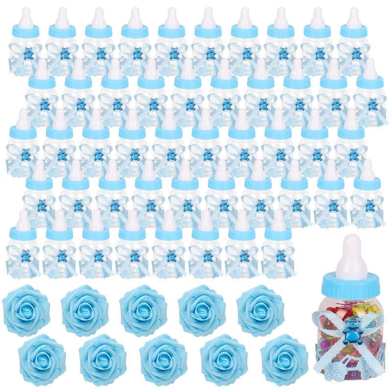 MACTING Baby Bottle for Baby Shower Favors 4Dozens Mini Candy Bottles with 10pcs Artificical Flowers for Boys Girls Newborn Party Centerpiece DecorationsBlue
