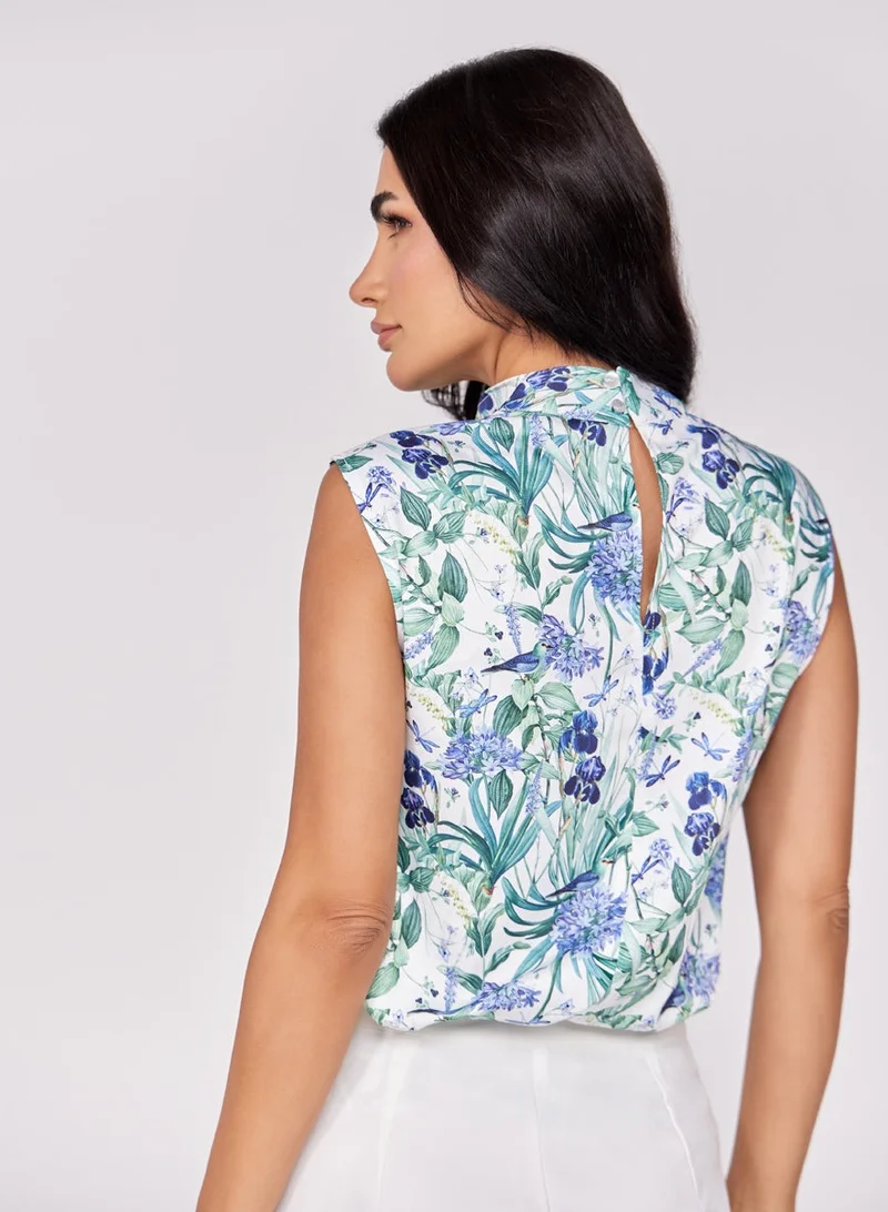 Zigzag Floral Printed Cowl Neck Satin Top
