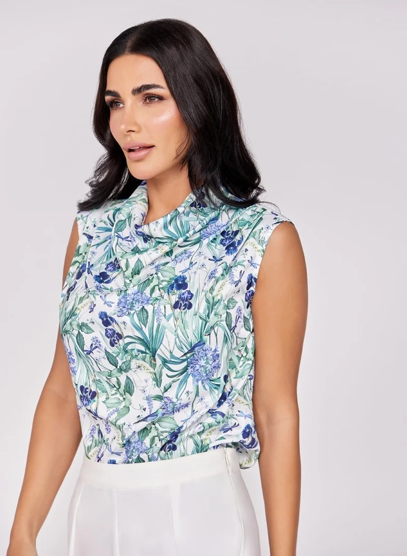 Zigzag Floral Printed Cowl Neck Satin Top