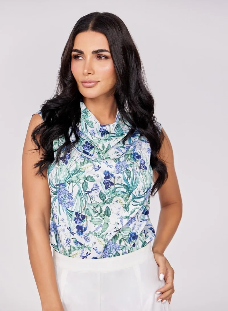 Zigzag Floral Printed Cowl Neck Satin Top