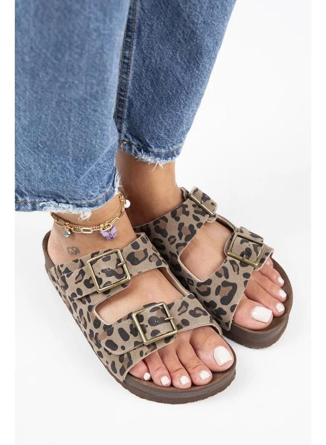 Manijero  Anlelic Leopard Women's Genuine Leather Double Buckle Mink Slippers - Brown for Women | Best Price UAE