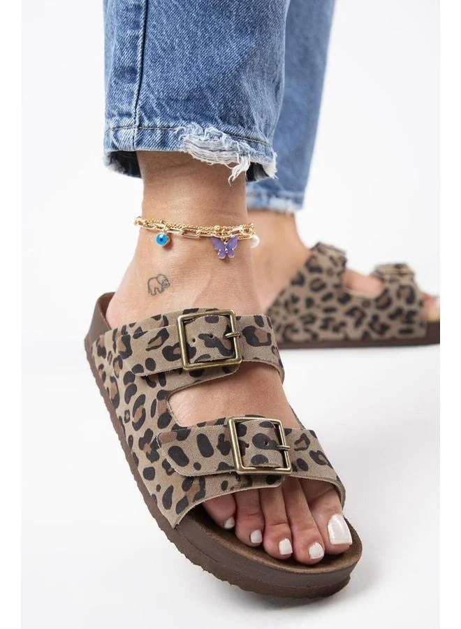 Anlelic Leopard Women's Genuine Leather Double Buckle Mink Slippers - Brown