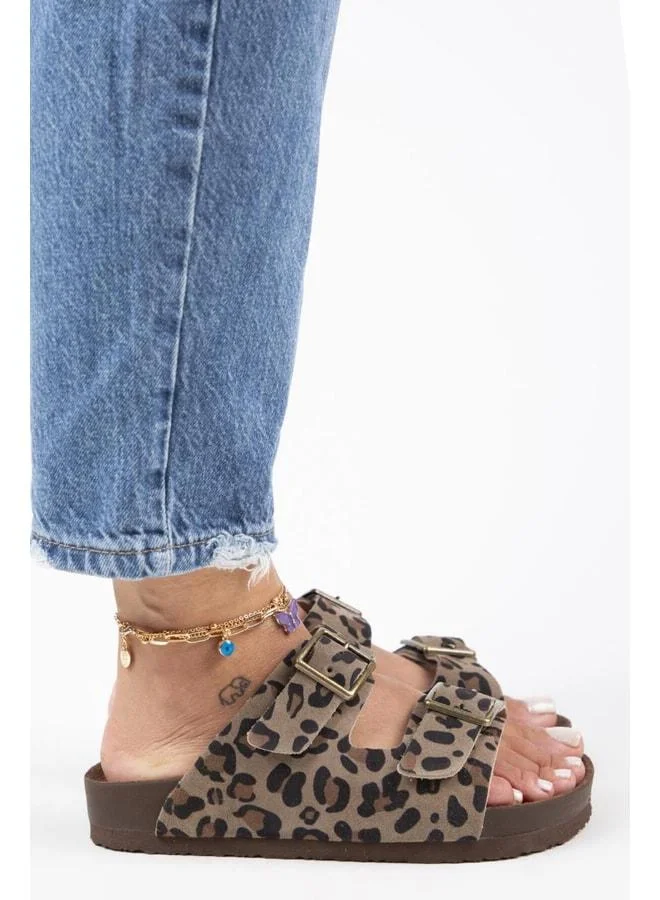 Manijero  Anlelic Leopard Women's Genuine Leather Double Buckle Mink Slippers - Brown for Women | Best Price UAE