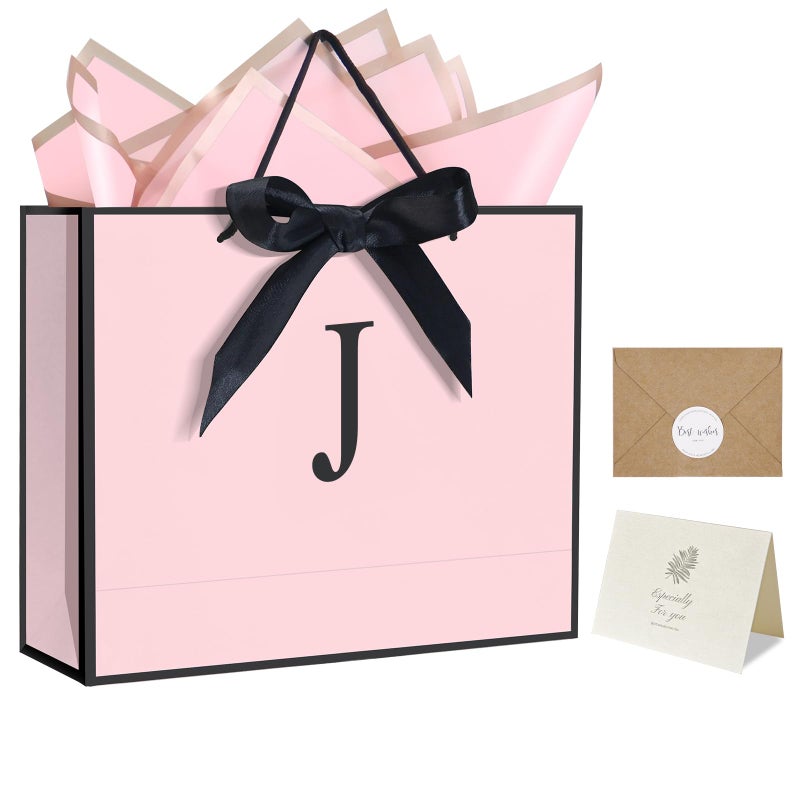 QLSKO Personalized Initial Paper Bag for Women GrilsMonogrammed Gift Bag with Bow RibbonWrapping Tissue and Card Matching Envelope Sticker Pink JMedium - Image 3