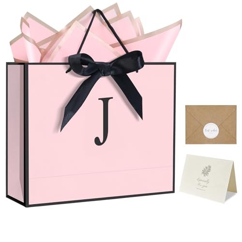 QLSKO Personalized Initial Paper Bag for Women GrilsMonogrammed Gift Bag with Bow RibbonWrapping Tissue and Card Matching Envelope Sticker Pink JMedium - Image 2