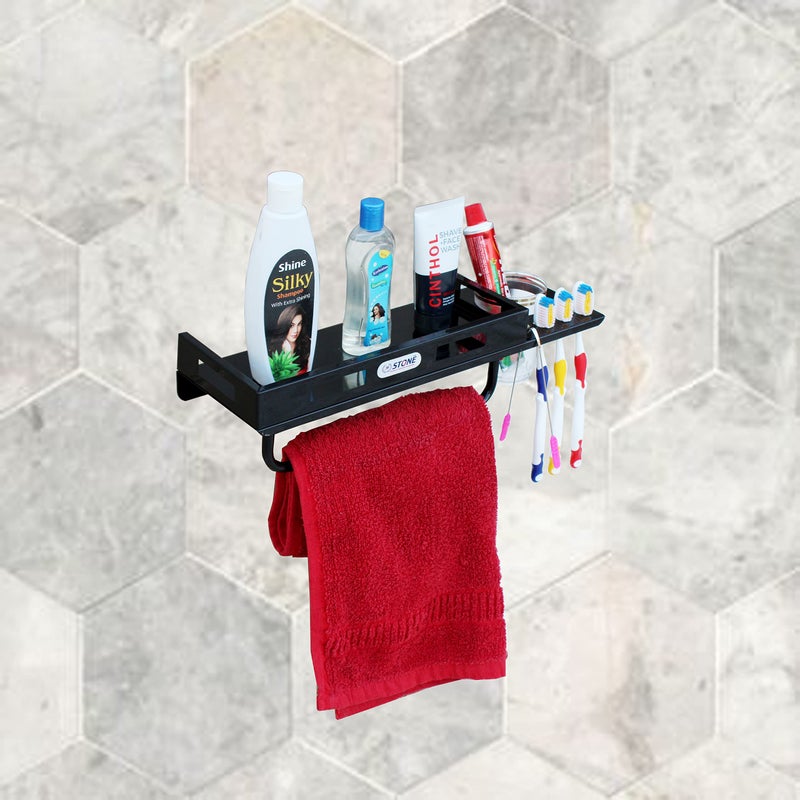 STONE STONE Multipurpose 3 in 1 Morden Style New Bathroom Shelf Rack Towel Rod Tumbler Holder with Brush Hanger Bathroom Accessories (Black) - Image 1