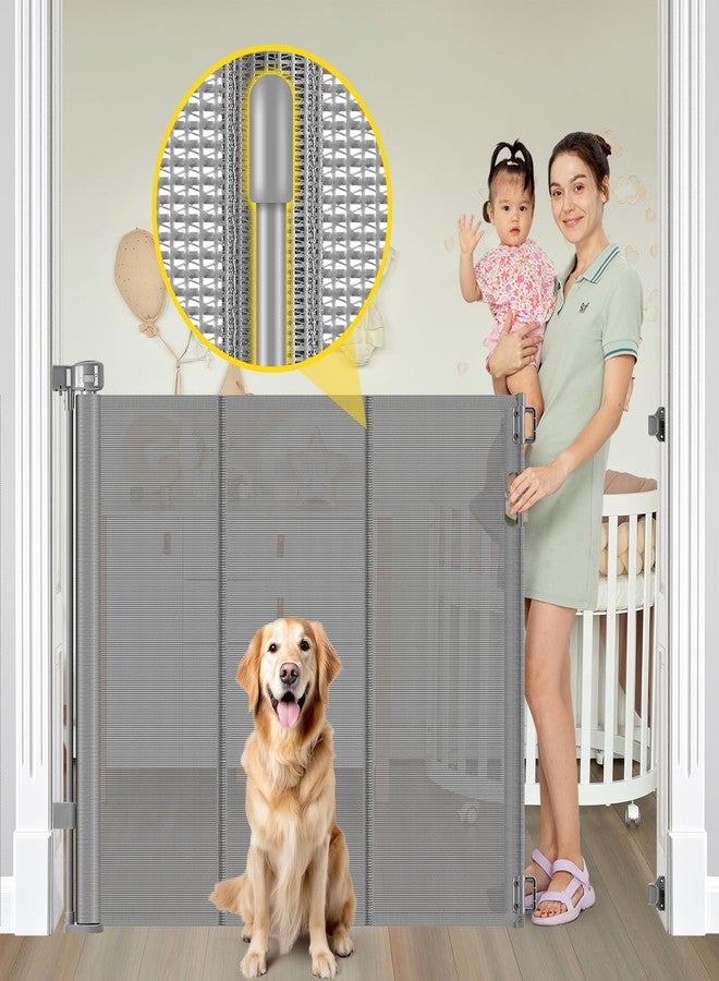 Bingguz Reinforced 42” Extra Tall Pet Gate for Doorways, Extends up to 60” Wide, Extra Tall Retractable Baby Gates with Rods to Prevent Crawling Through Retractable Mesh Dog Gate Indoor Outdoor, Gray - Image 1