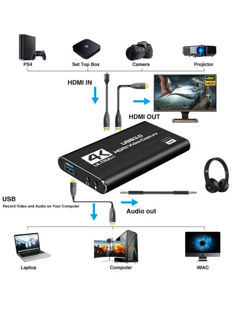 4K HDMI to USB 3.0 Video Capture Card - 1080P/60fps Zero Latency Live Streaming, LPCM Audio, Multi-OS Plug  Play, Wide-Temperature Design for Gaming/DSLR/Conference Recording - Image 2