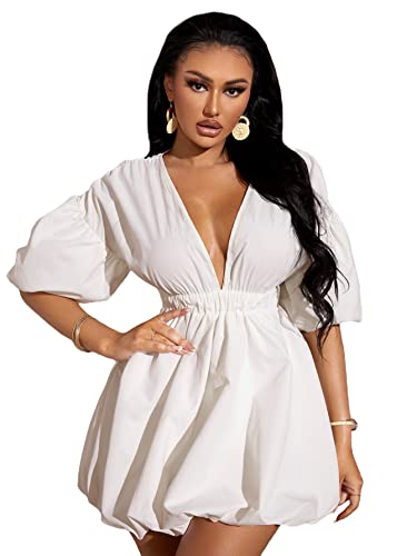 WDIRARA Women's Deep V Neck Puff Sleeve High Rise Flare Dress Elastic Waist Dress White Medium - Image 1
