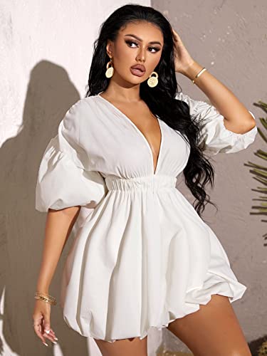 WDIRARA Women's Deep V Neck Puff Sleeve High Rise Flare Dress Elastic Waist Dress White Medium - Image 3