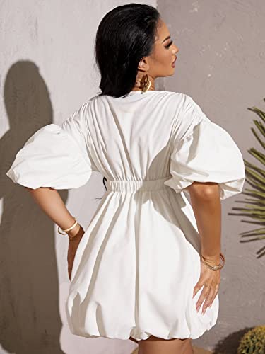 WDIRARA Women's Deep V Neck Puff Sleeve High Rise Flare Dress Elastic Waist Dress White Medium - Image 2