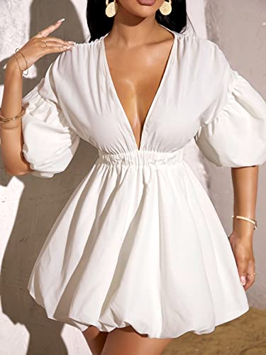 WDIRARA Women's Deep V Neck Puff Sleeve High Rise Flare Dress Elastic Waist Dress White Medium - Image 4