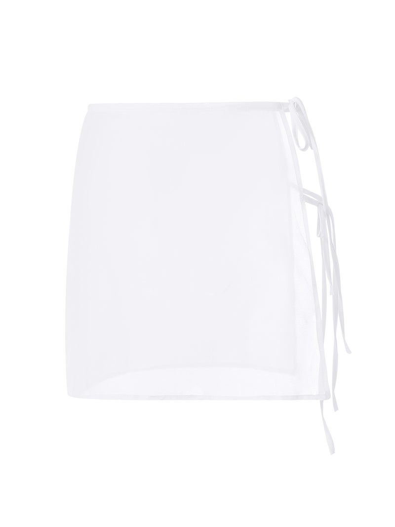 See Through Lace Up Sheer Skirts Swimsuit Cover-Ups Solid Color Women Beach Skirts Summer Female High Waist Mini Cover Ups - Image 5