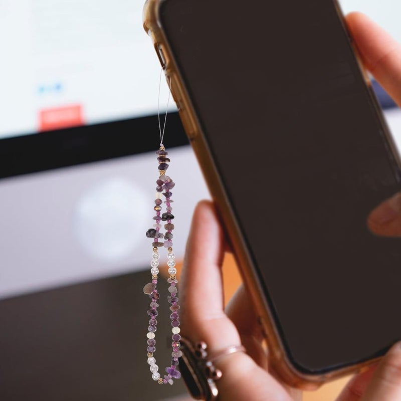 DOITOOL Gravel Stone Phone Chain with Purple Pearl Beads, Portable Anti-skid Wrist Hand Strap Lanyard for Smartphones, Key Hanging Cell Phone Charm Accessory - Image 4