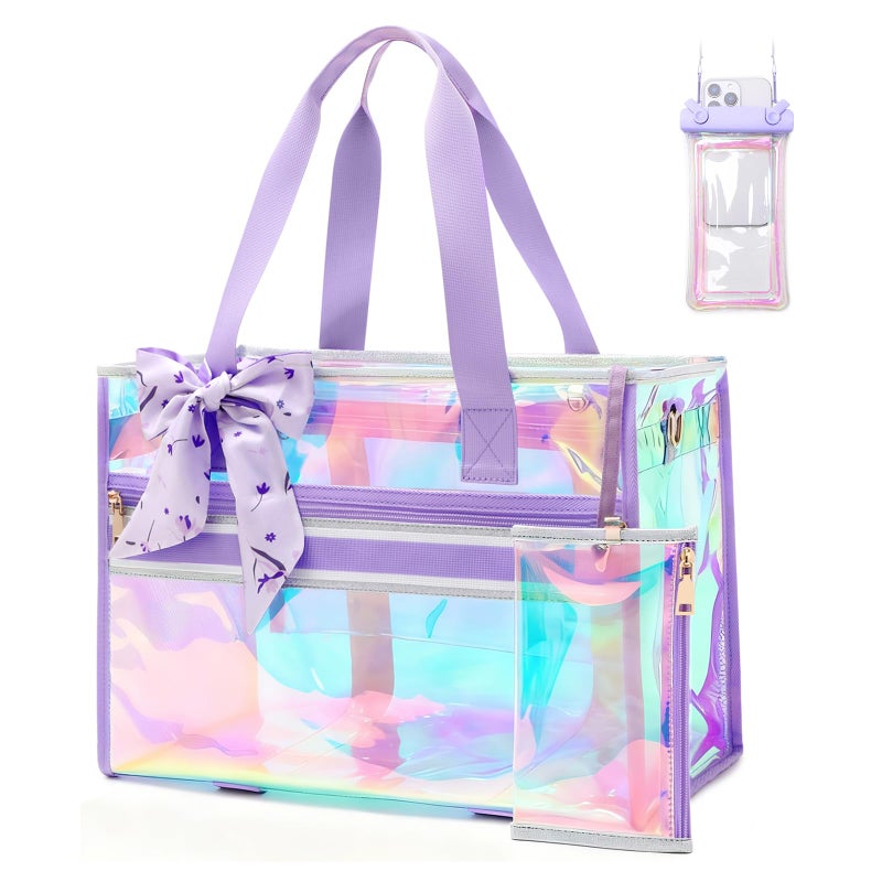 ASKSKY Beach Bag for Women, Large Waterproof Sandproof Iridescent Beach Tote Bag Holographic Clear Tote Purse with Zipper, Purple - Image 1