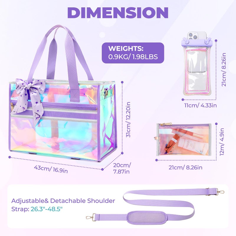 ASKSKY Beach Bag for Women, Large Waterproof Sandproof Iridescent Beach Tote Bag Holographic Clear Tote Purse with Zipper, Purple - Image 3