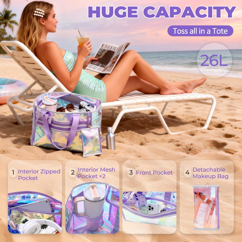 ASKSKY Beach Bag for Women, Large Waterproof Sandproof Iridescent Beach Tote Bag Holographic Clear Tote Purse with Zipper, Purple - Image 4