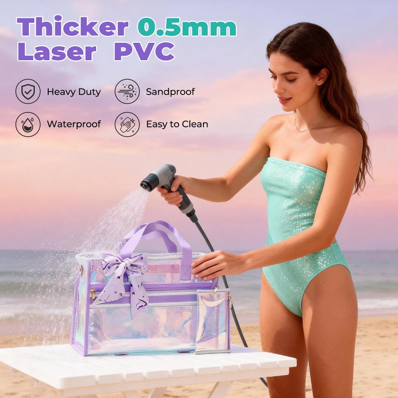 ASKSKY Beach Bag for Women, Large Waterproof Sandproof Iridescent Beach Tote Bag Holographic Clear Tote Purse with Zipper, Purple - Image 5