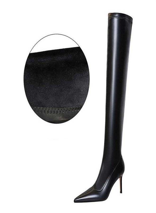 BIGTREE Plush Pointed Knee-Length Boots 8.5CM Black  - Image 1