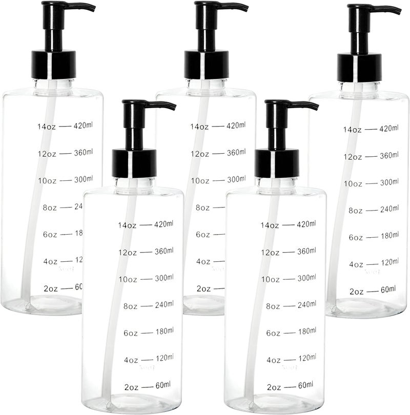 Youngever 5 Pack Plastic Pump Bottles 16 Ounce, Clear Refillable Plastic Pump Bottles with Measurement and Travel Lock (Cylinder Shape)