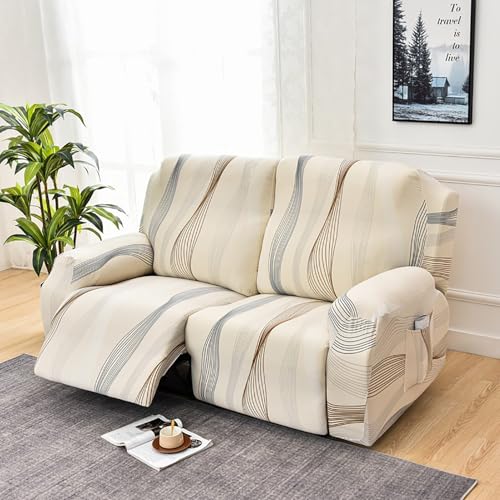 House of Quirk Polyester Recliner 6 Pieces Loveseat Covers Stretch Reclining Couch Covers For 2 Seats Reclining Sofa Slipcovers Furniture Protector - Beige Serif - Image 1