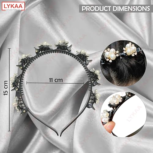 LYKAA Headband Hair Accessories for women Styling Braided Double Layer Twist Plait With Elegant Flower Alligator Clips Chic Pearls And Rhinestones Headband For Girls Bridal (Pack Of 1) - Image 2