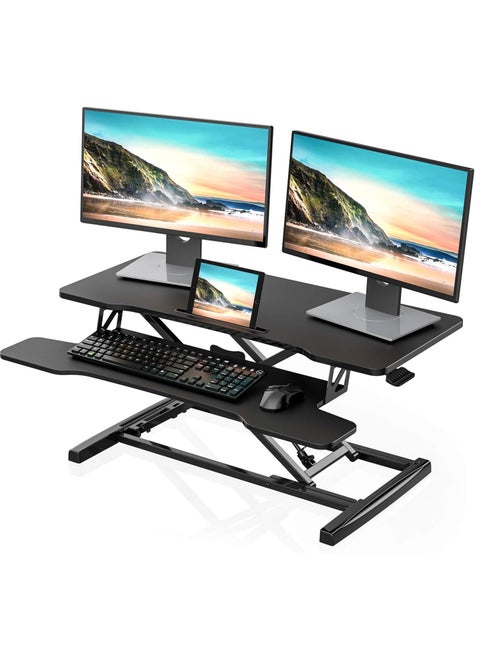 Standing Desk Converter 32 inch, Height Adjustable Sit Stand Desk Riser, Quick Sit to Stand Tabletop Dual Monitor and Laptop Riser Workstation for Home Office with Keyboard Tray, Black