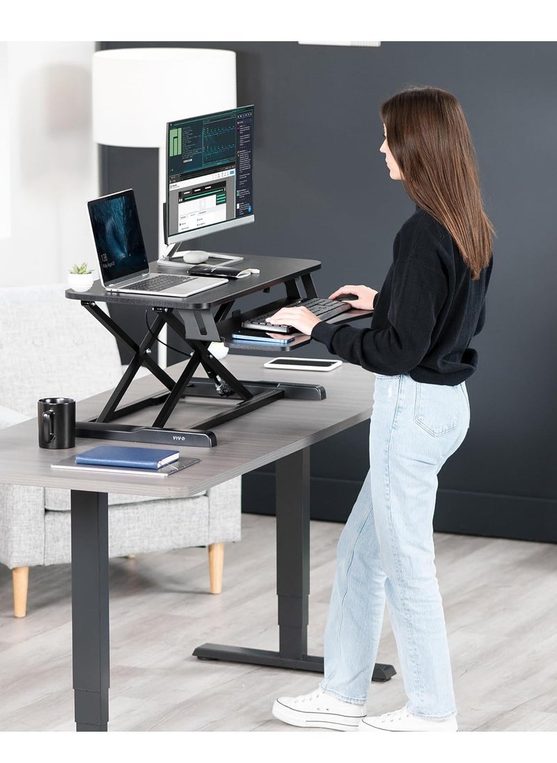 GearZone - Standing Desk Converter 32 inch, Height Adjustable Sit Stand Desk Riser, Quick Sit to Stand Tabletop Dual Monitor and Laptop Riser Workstation for Home Office with Keyboard Tray, Black - Image 1