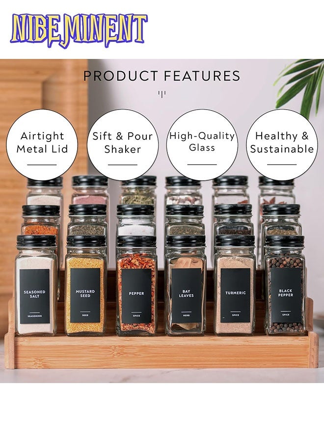 NIBEMINENT 4oz 12 Pack Spice Jars with Black Vinyl Spice Labels, Shaker Lids Dispenser with Airtight Black Metal Caps, Cleaning Brush and Collapsible Silicone Funnel Complete Set  - Image 2
