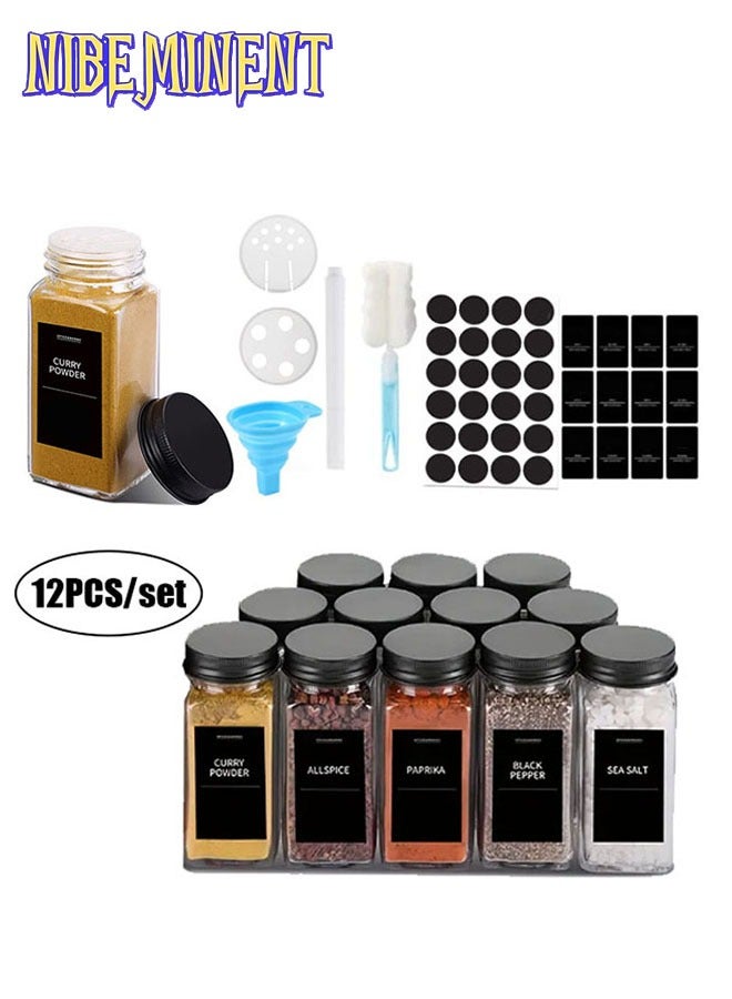 NIBEMINENT 4oz 12 Pack Spice Jars with Black Vinyl Spice Labels, Shaker Lids Dispenser with Airtight Black Metal Caps, Cleaning Brush and Collapsible Silicone Funnel Complete Set  - Image 1