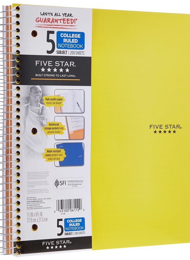 Five Star Spiral Notebooks, 5 Subject, College Ruled Paper, 200 Sheets, 27.9 cm x 21.6 cm, Teal, Yellow, 2 Pack (73509) - Image 1