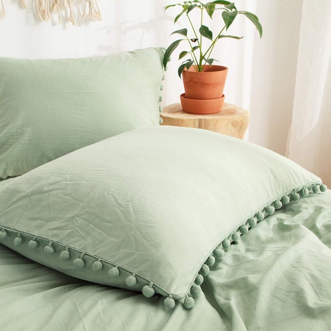 SAGE GREEN POM POMS PILLOWCASES GREEN STANDARD PILLOW CASES SET OF 2 100 WASHED MICROFIBER DARK SEA GREEN BALL FRINGE PILLOW COVER 2 PACK QUEEN SAGE GREEN