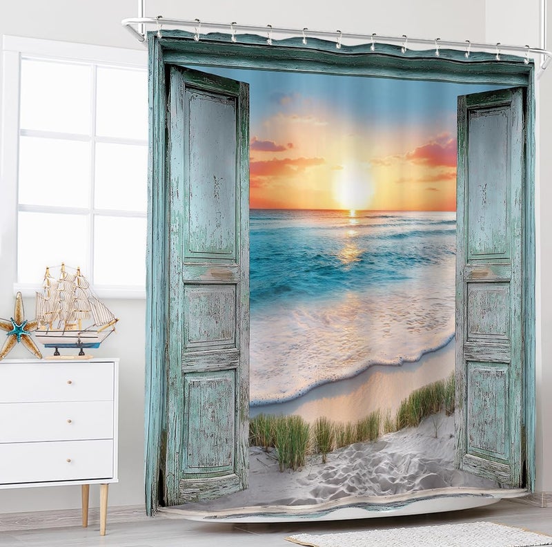 Riyidecor Ocean Beach Teal Barn Door Shower Curtain for Bathroom Decor 72Wx72H Hawaiian Sunset Scenery Sea Wave Retro Wood Rustic Nature Art Printed Fabric Polyester Waterproof 12 Pack Plastic Hooks - Image 3