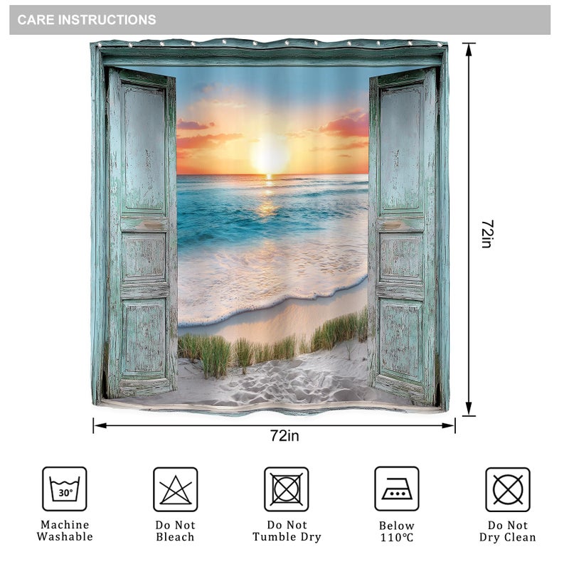 Riyidecor Ocean Beach Teal Barn Door Shower Curtain for Bathroom Decor 72Wx72H Hawaiian Sunset Scenery Sea Wave Retro Wood Rustic Nature Art Printed Fabric Polyester Waterproof 12 Pack Plastic Hooks - Image 5