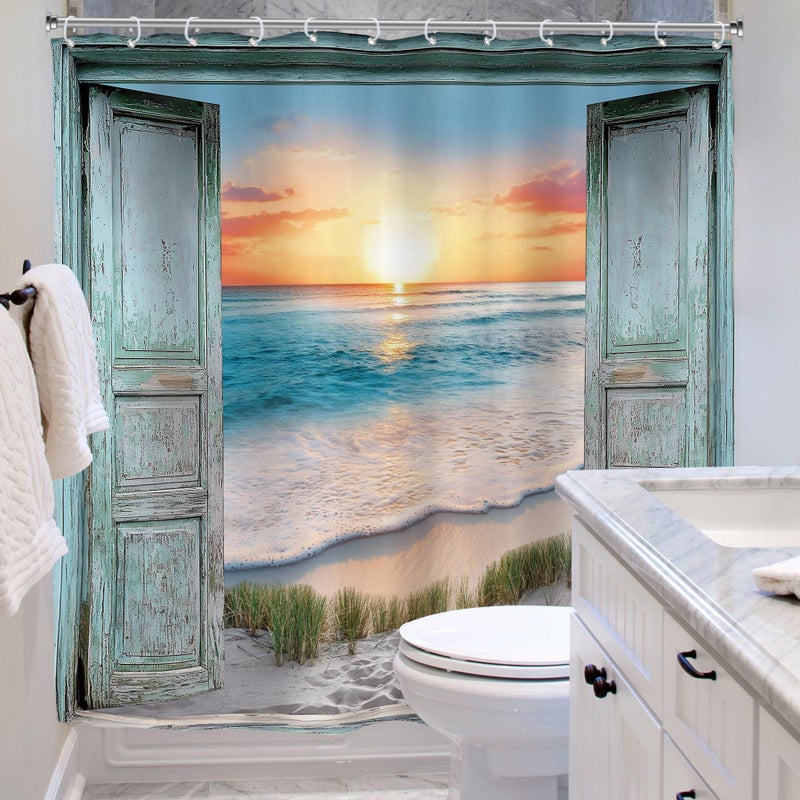Riyidecor Ocean Beach Teal Barn Door Shower Curtain for Bathroom Decor 72Wx72H Hawaiian Sunset Scenery Sea Wave Retro Wood Rustic Nature Art Printed Fabric Polyester Waterproof 12 Pack Plastic Hooks - Image 4