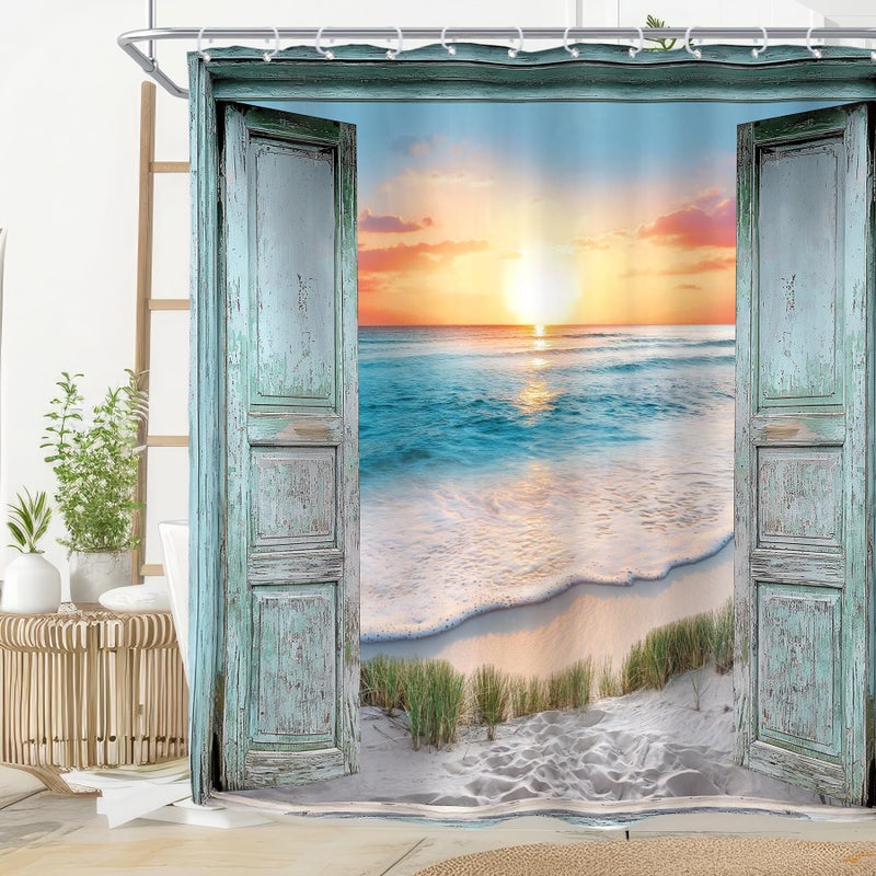 Riyidecor Ocean Beach Teal Barn Door Shower Curtain for Bathroom Decor 72Wx72H Hawaiian Sunset Scenery Sea Wave Retro Wood Rustic Nature Art Printed Fabric Polyester Waterproof 12 Pack Plastic Hooks - Image 1