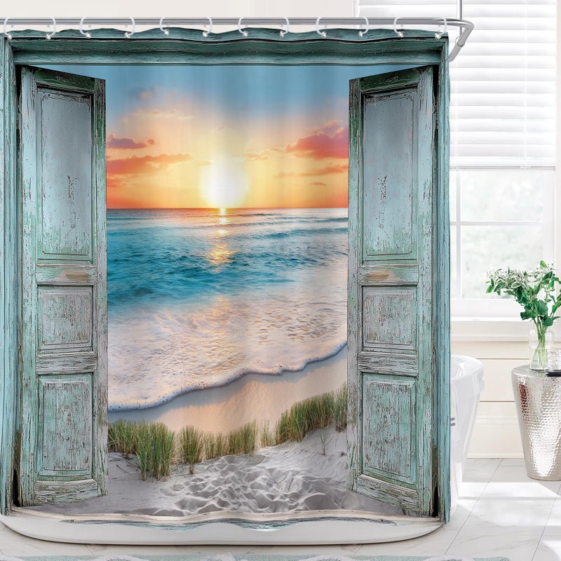 Riyidecor Ocean Beach Teal Barn Door Shower Curtain for Bathroom Decor 72Wx72H Hawaiian Sunset Scenery Sea Wave Retro Wood Rustic Nature Art Printed Fabric Polyester Waterproof 12 Pack Plastic Hooks - Image 2