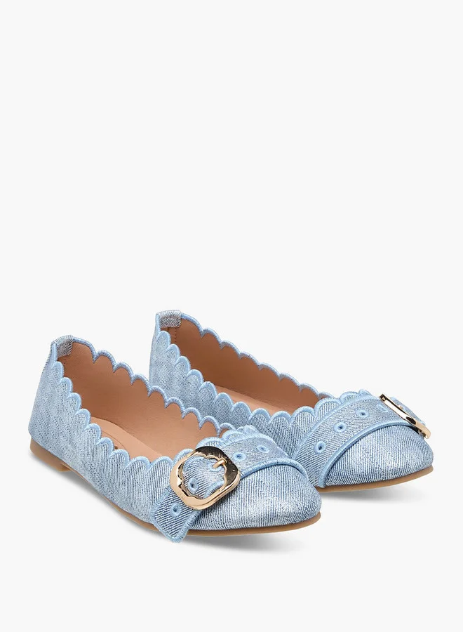Little Missy Girls Scallop Detail Slip-On Ballerina Shoes with Buckle Accent