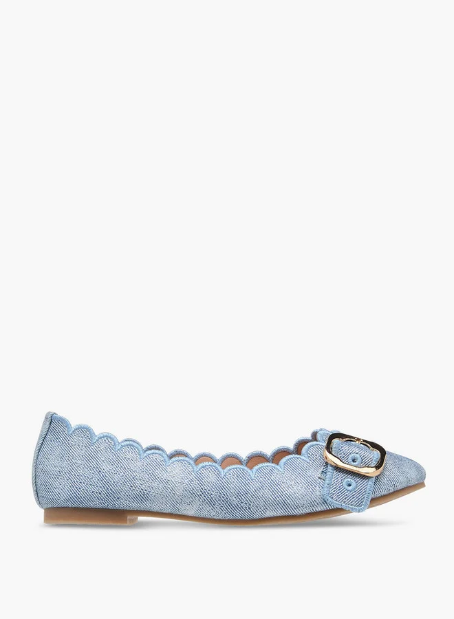 Little Missy Girls Scallop Detail Slip-On Ballerina Shoes with Buckle Accent